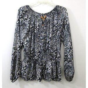 Ellen Tracy Womens Blouse Small Black Animal Print Gathered Peplum Silky Keyhole